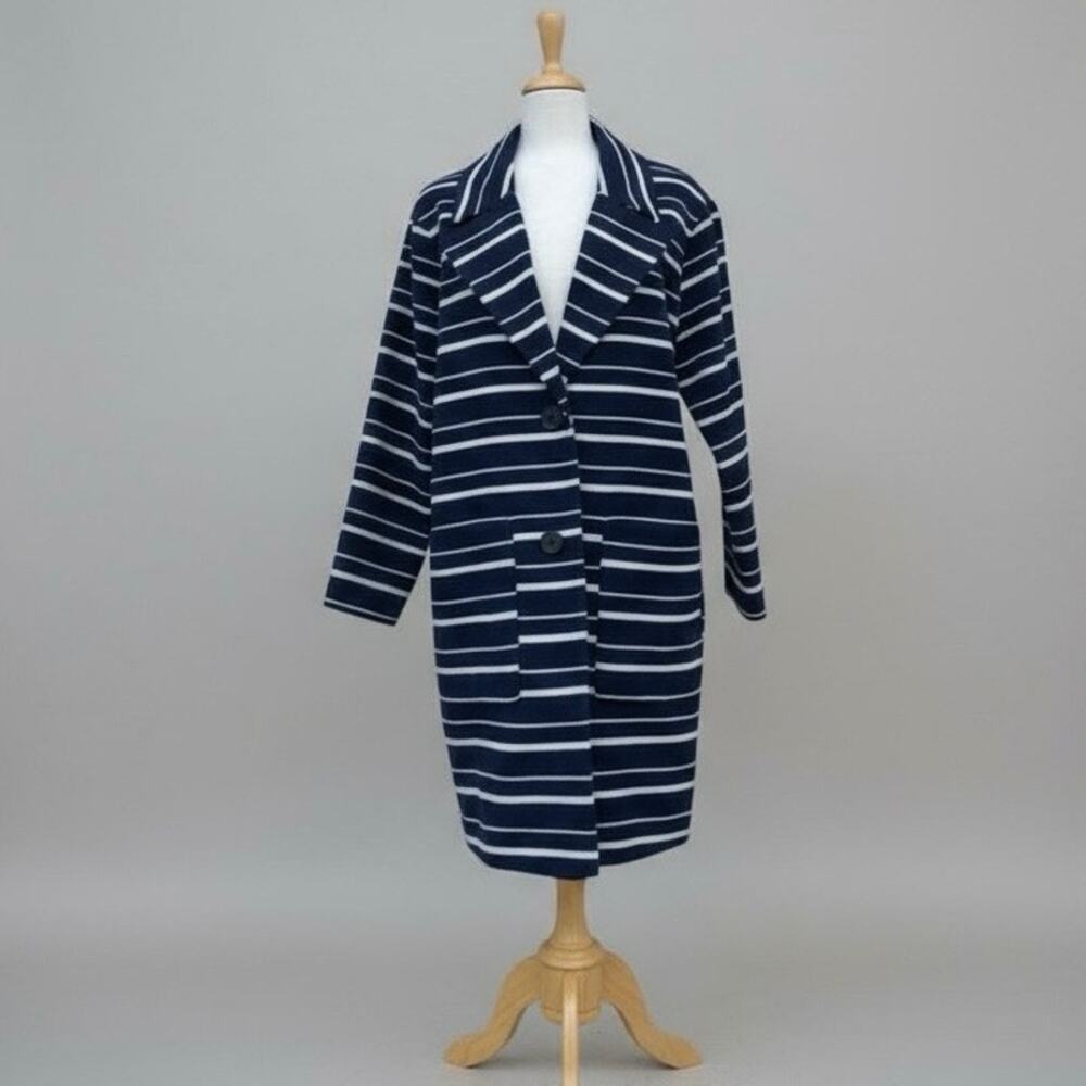 Esprit Coat Sz‎ L Navy Cream Striped Two Button Long Preppy Old Money Careerwear